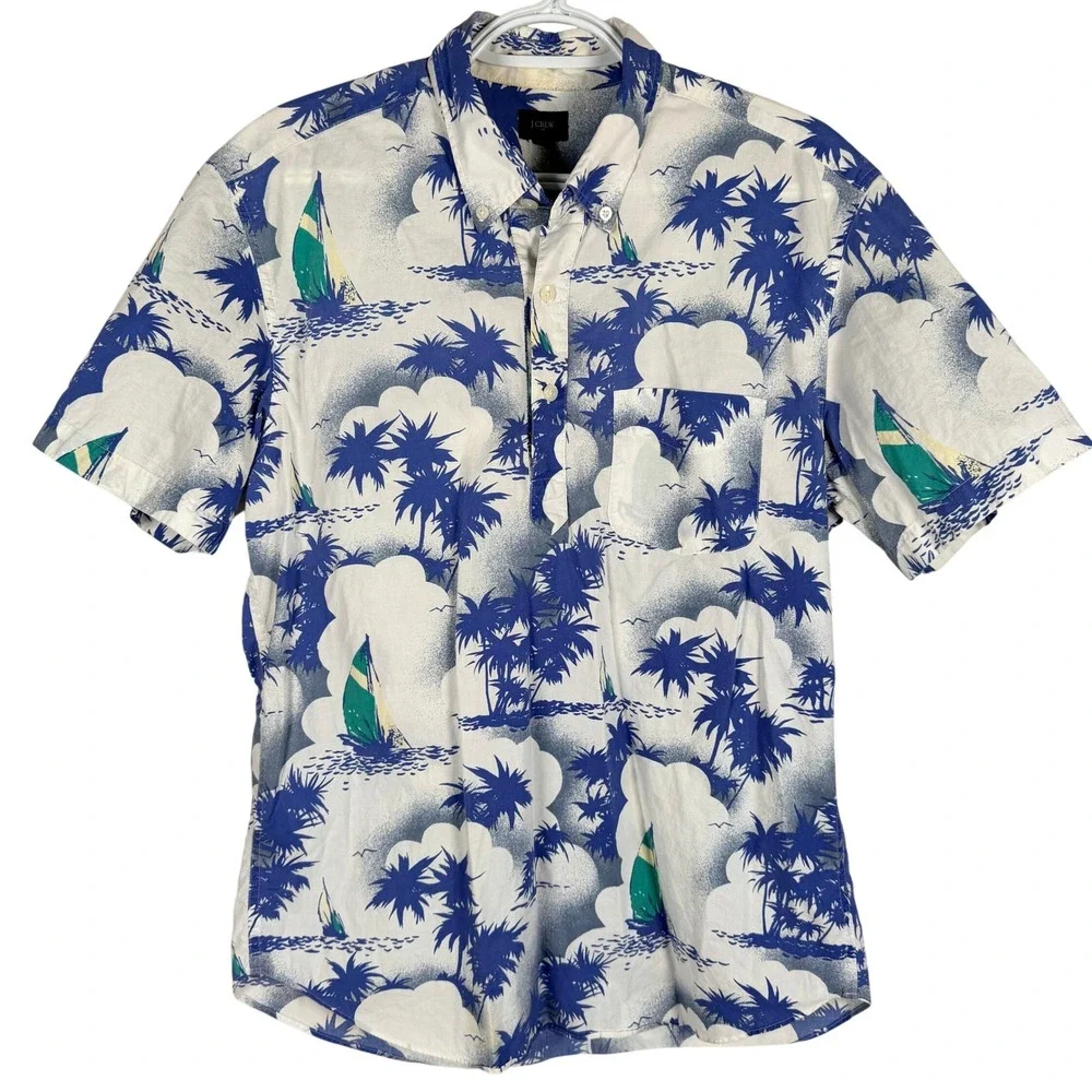 J.Crew Popover Polo Shirt Mens M Blue Tropical Sailboat Palm Tree Short Sleeve